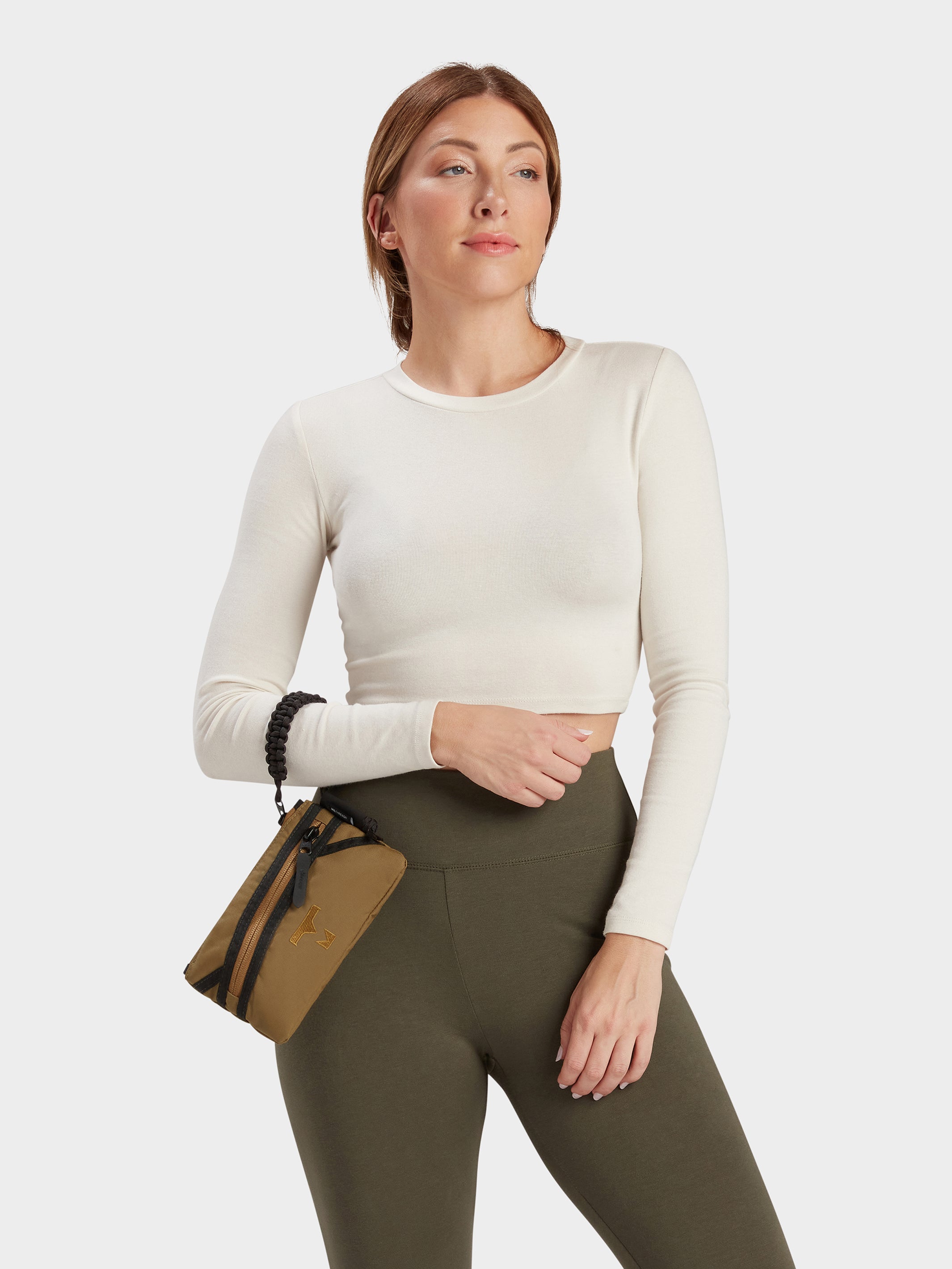 MILTHREAD Zest wristlet wallet in Coyote Brown on model