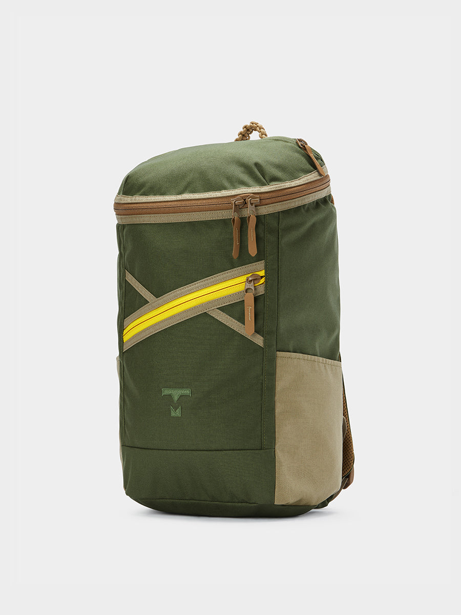 Bold backpack in camo green tabletop front 45 degree view