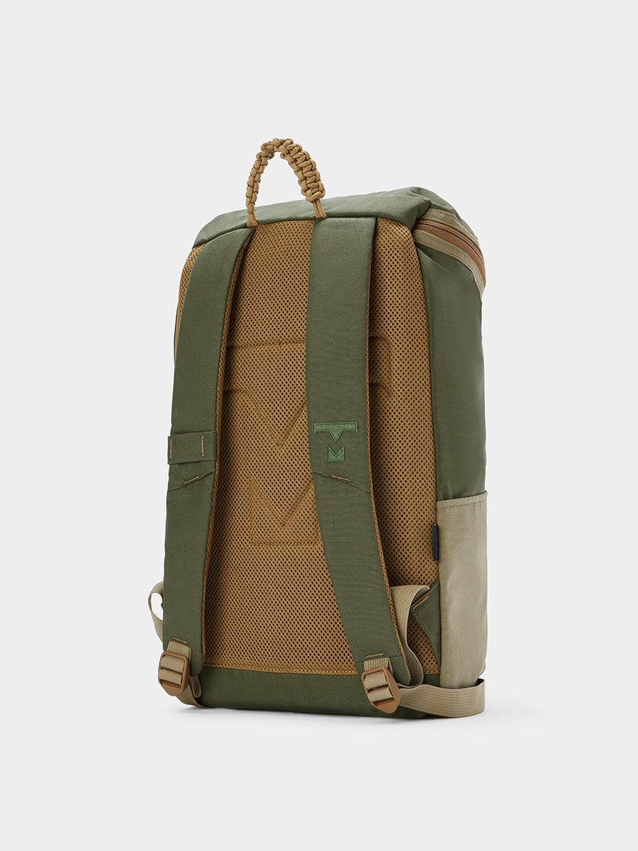 Bold backpack in camo green tabletop back 45 degree view