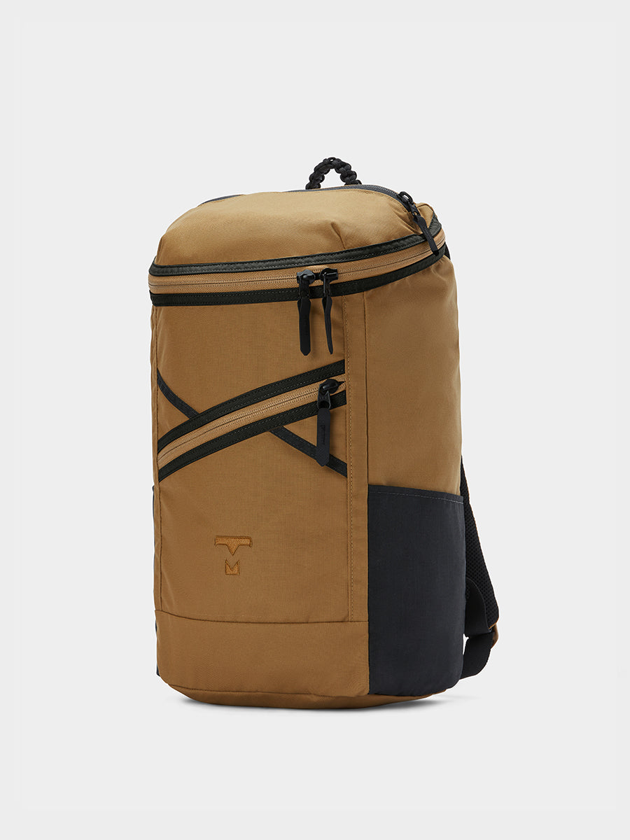 Bold backpack in coyote brown tabletop front 45 degree view