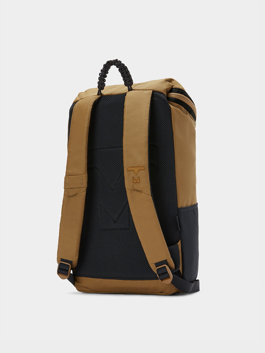 Bold backpack in coyote brown tabletop back 45 degree view