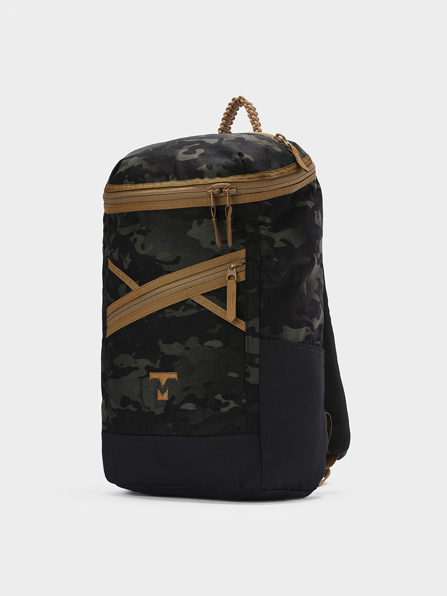 Bold backpack in multicam black tabletop front 45 degree view