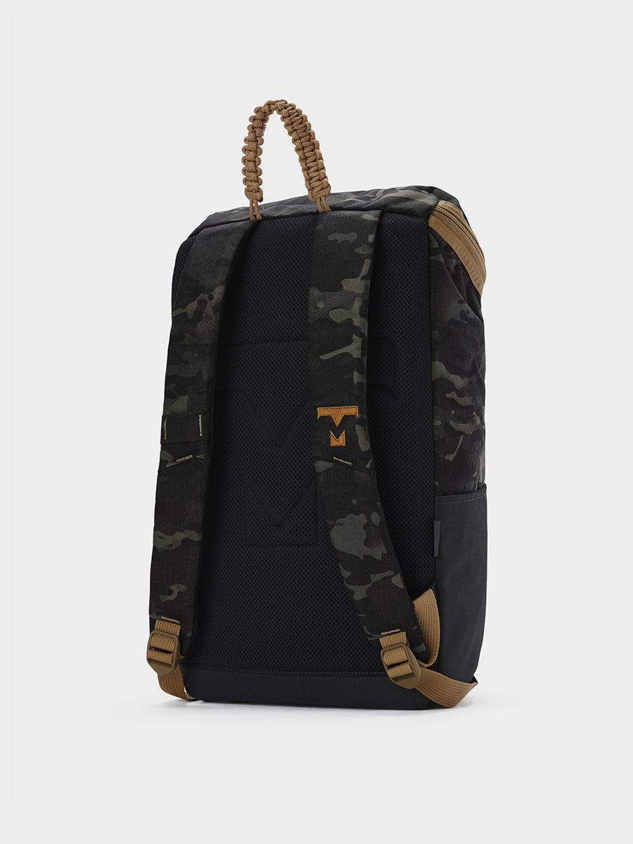 Bold backpack in multicam black tabletop back 45 degree view