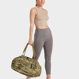 Grit duffle in multicam carried by model