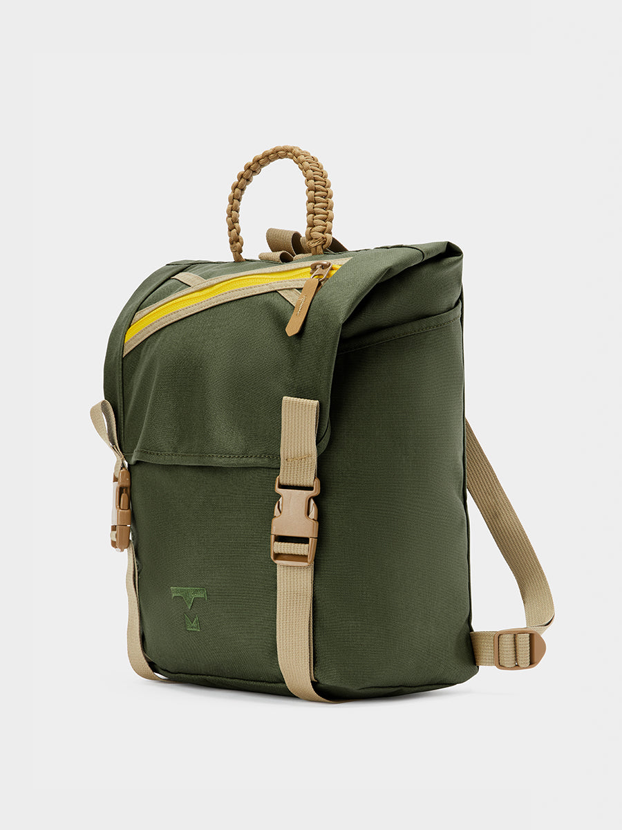 Swift backpack in camo green tabletop front 45 degree view