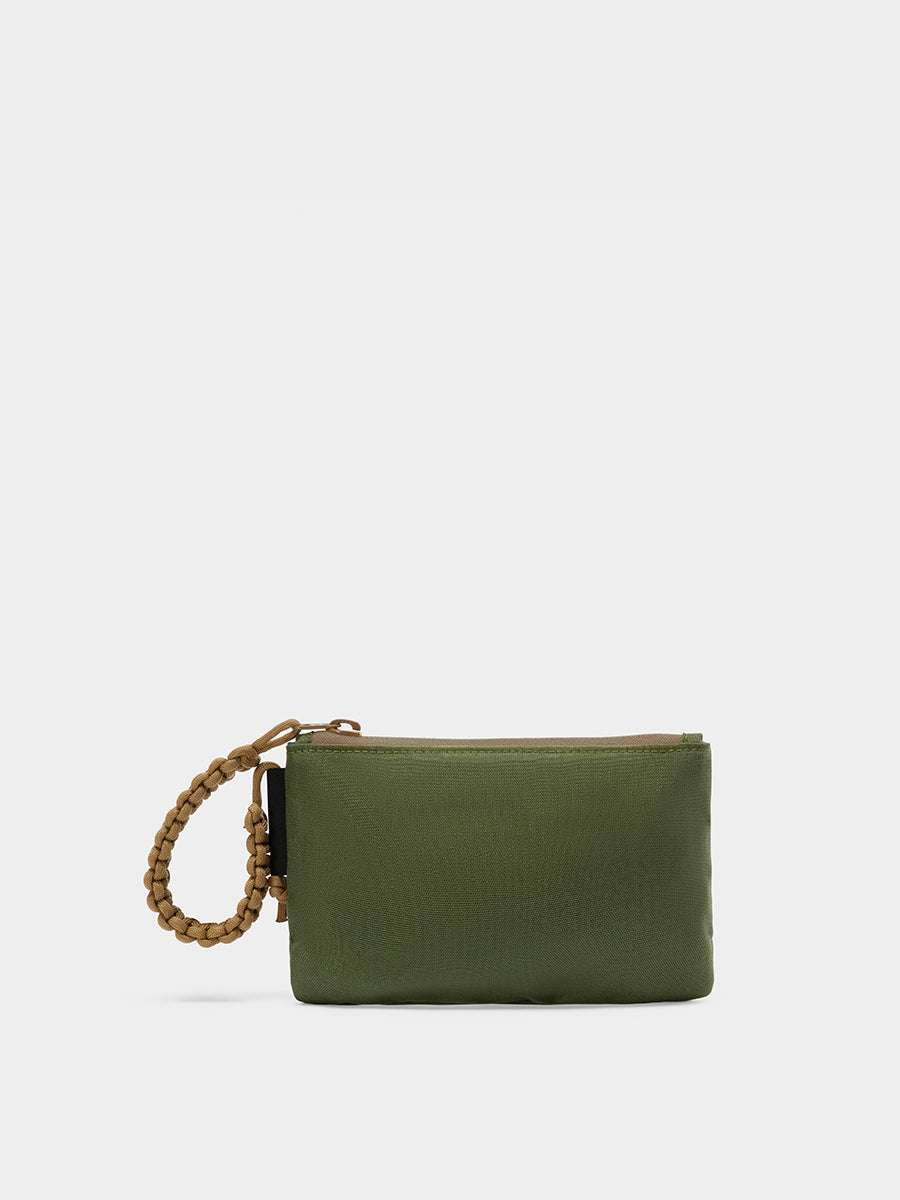 Zest wristlet in camo green tabletop back view