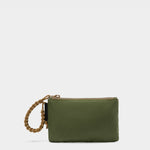 Zest wristlet in camo green tabletop back view