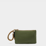 Zest wristlet in camo green tabletop back view