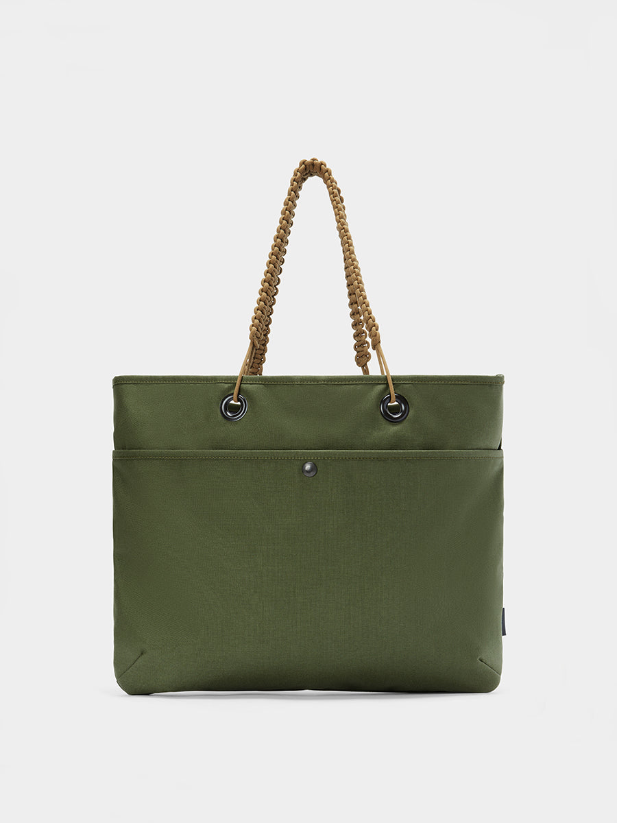 Zing tote in camo green tabletop back view