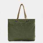 Zing tote in camo green tabletop back view