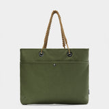 Zing tote in camo green tabletop back view